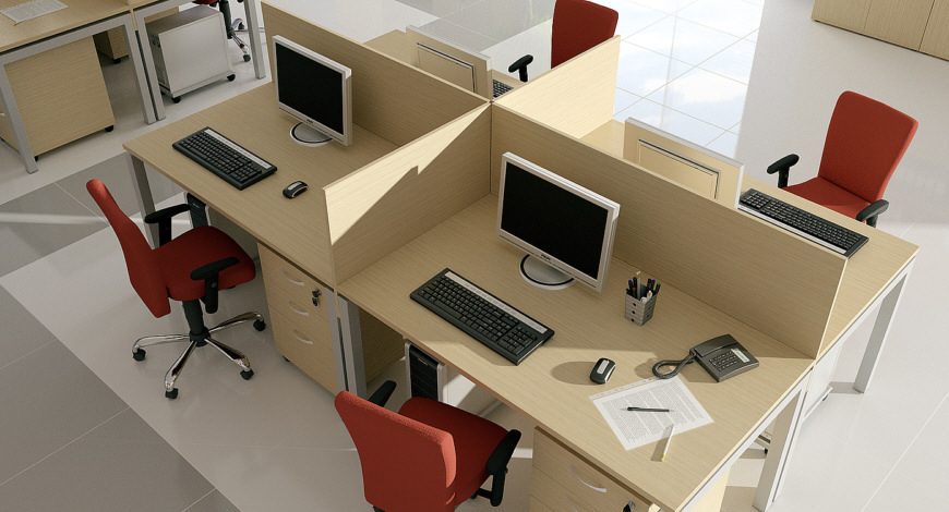 Meble KENO - biurka do przestrzeni open-space dedykowane do łączenia w zestawy 2 i 4-stanowiskowe odseparowane płytami dzielącymi KCD. Kontenery podbiurkowe.